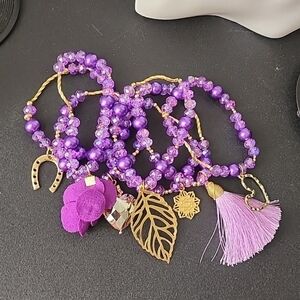 Hand Made Set of 7 Purple Crystal Glass Bracelets with Gold Charms Semanario